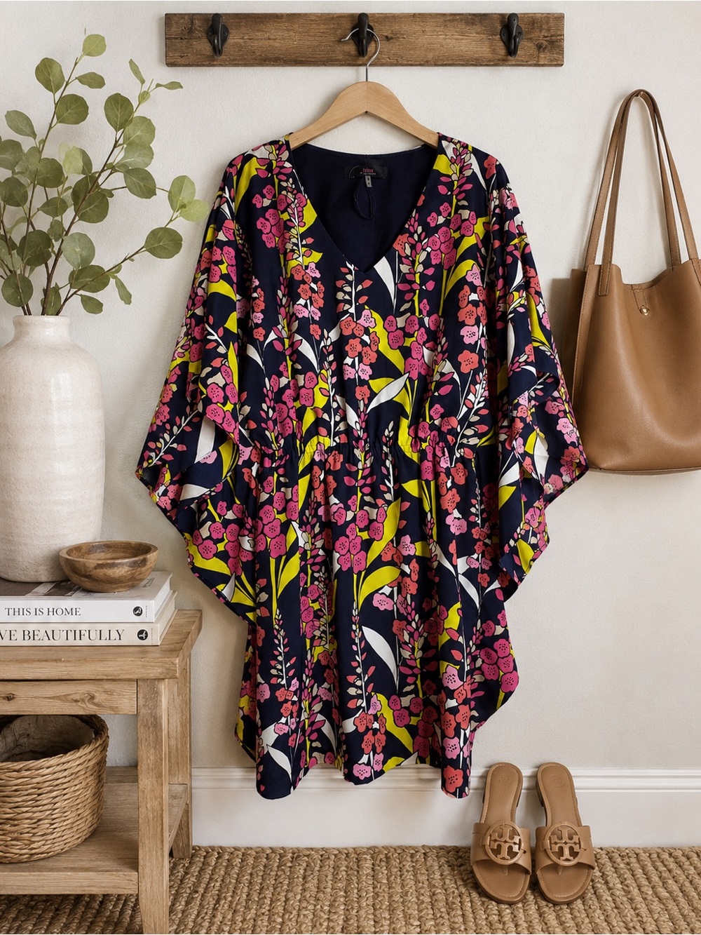 Trina Turk Navy Floral Mini Dress with Pink & Lime Print caftan